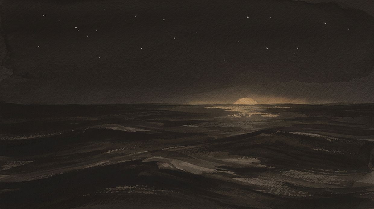 Photograph of wide dark waters under a tall quiet sky, a first warm light breaking at the horizon