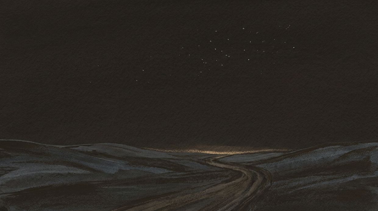 Photograph of a long road descending toward home country at evening