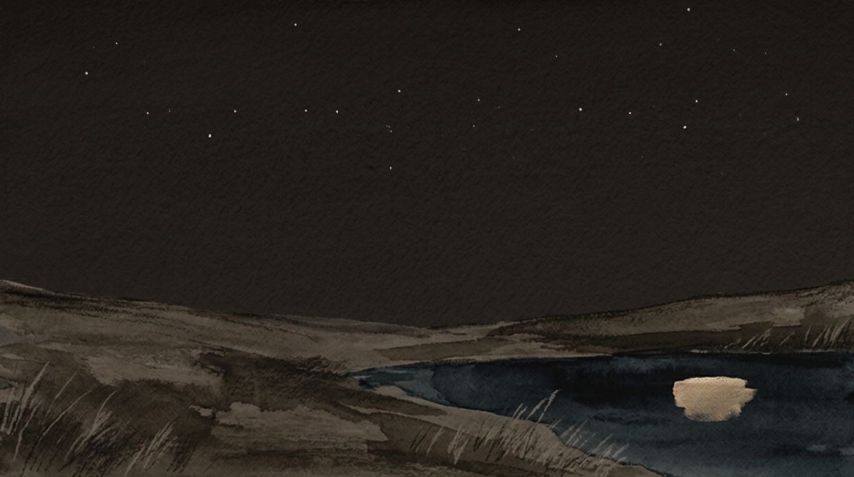 Photograph of green pastures falling toward still water