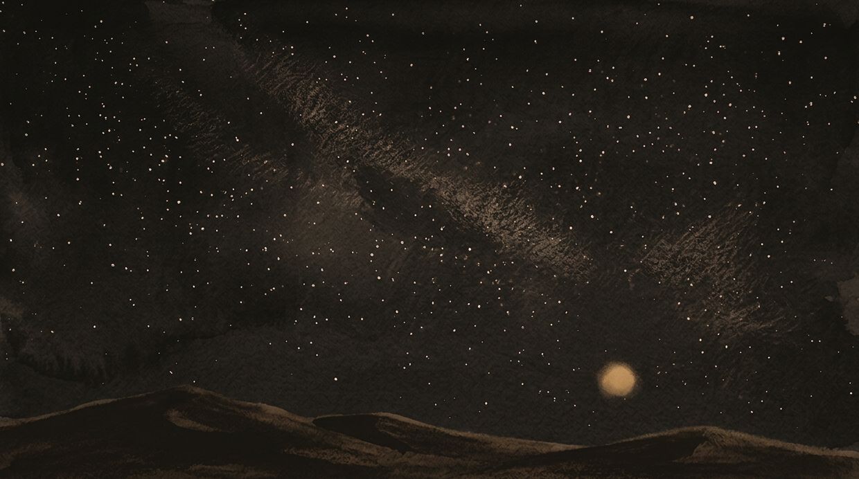 Photograph of a night sky crowded with stars over low dark hills