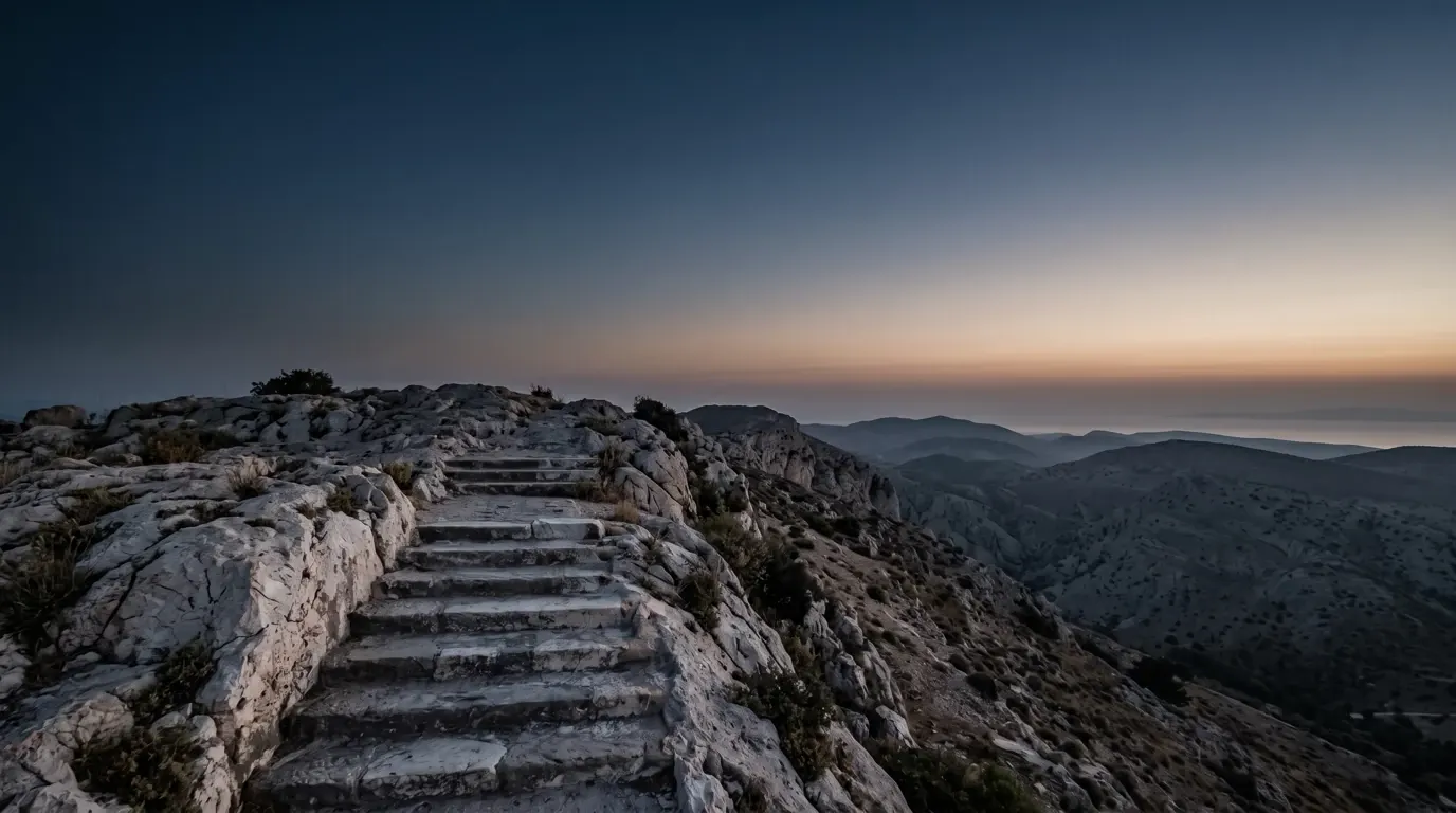 Worn steps cut into the rock of a bare hill.
