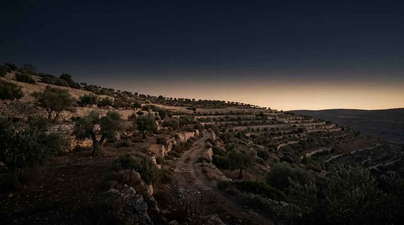 Olive terraces on the slope of a long ridge, a path running along them.