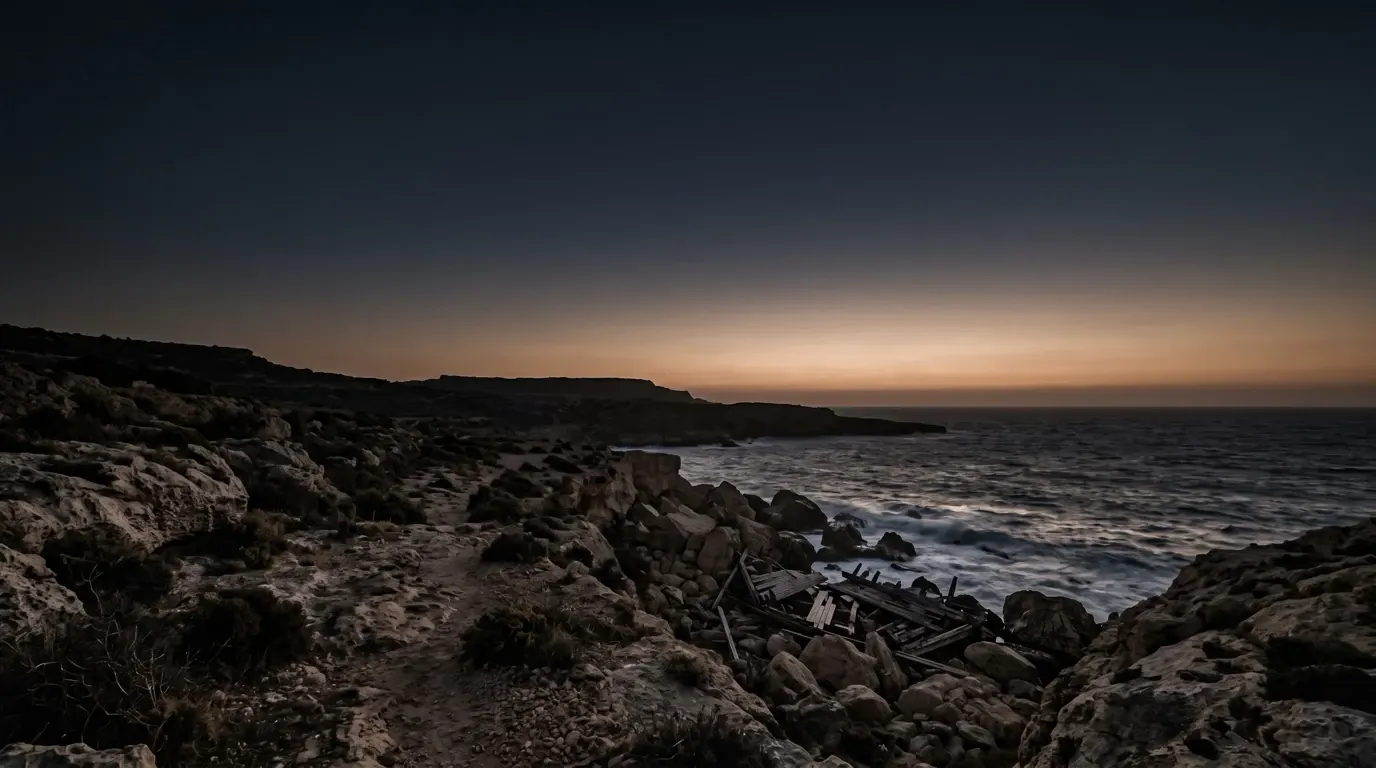 Broken ship’s timbers washed up on a rocky shore, the sea still rough.