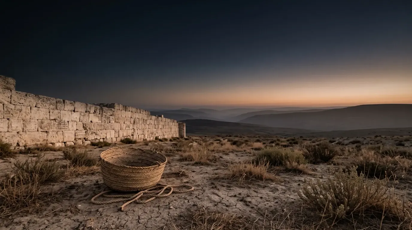 A large woven basket and its rope at the foot of a great stone wall.