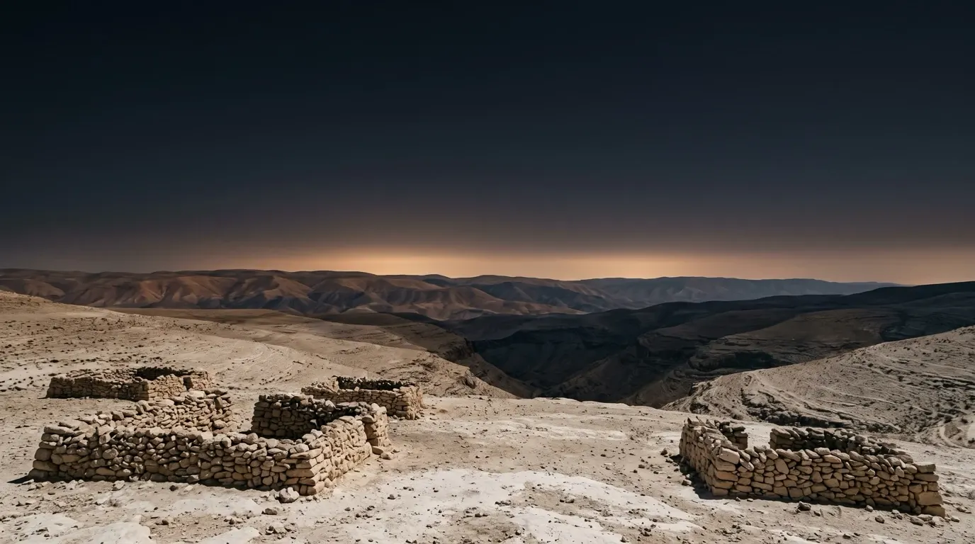 Old sheepfolds of piled stone on bare chalky ground above a deep rift.