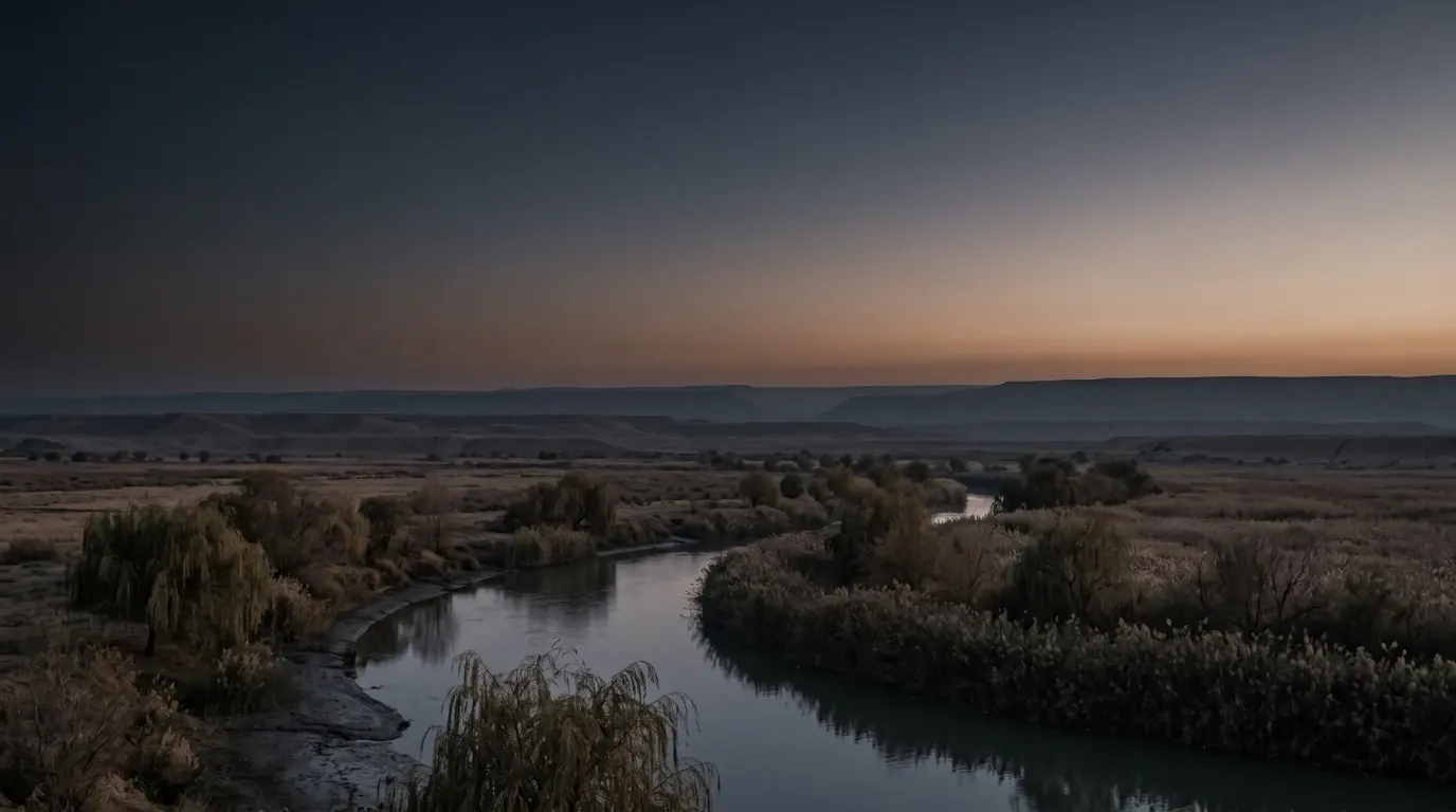 A slow river winding between willows across a flat plain.
