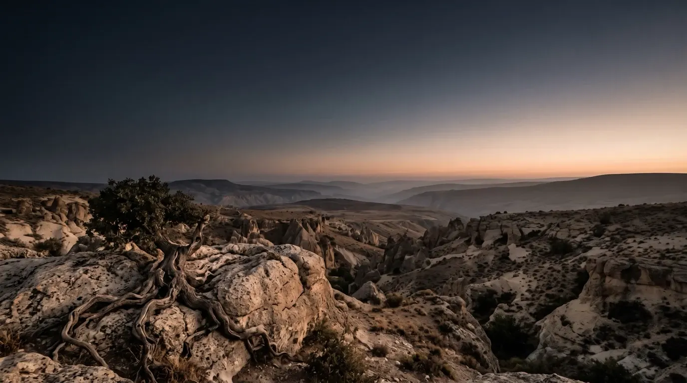 The deep roots of an old tree gripping bare rock above a valley.