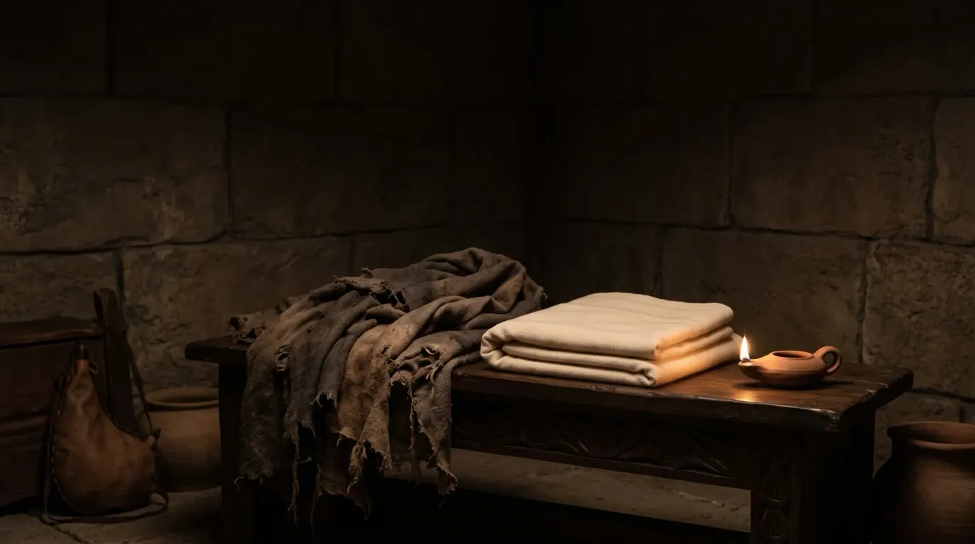 An old worn cloak put off beside a new one, folded, on a bench.
