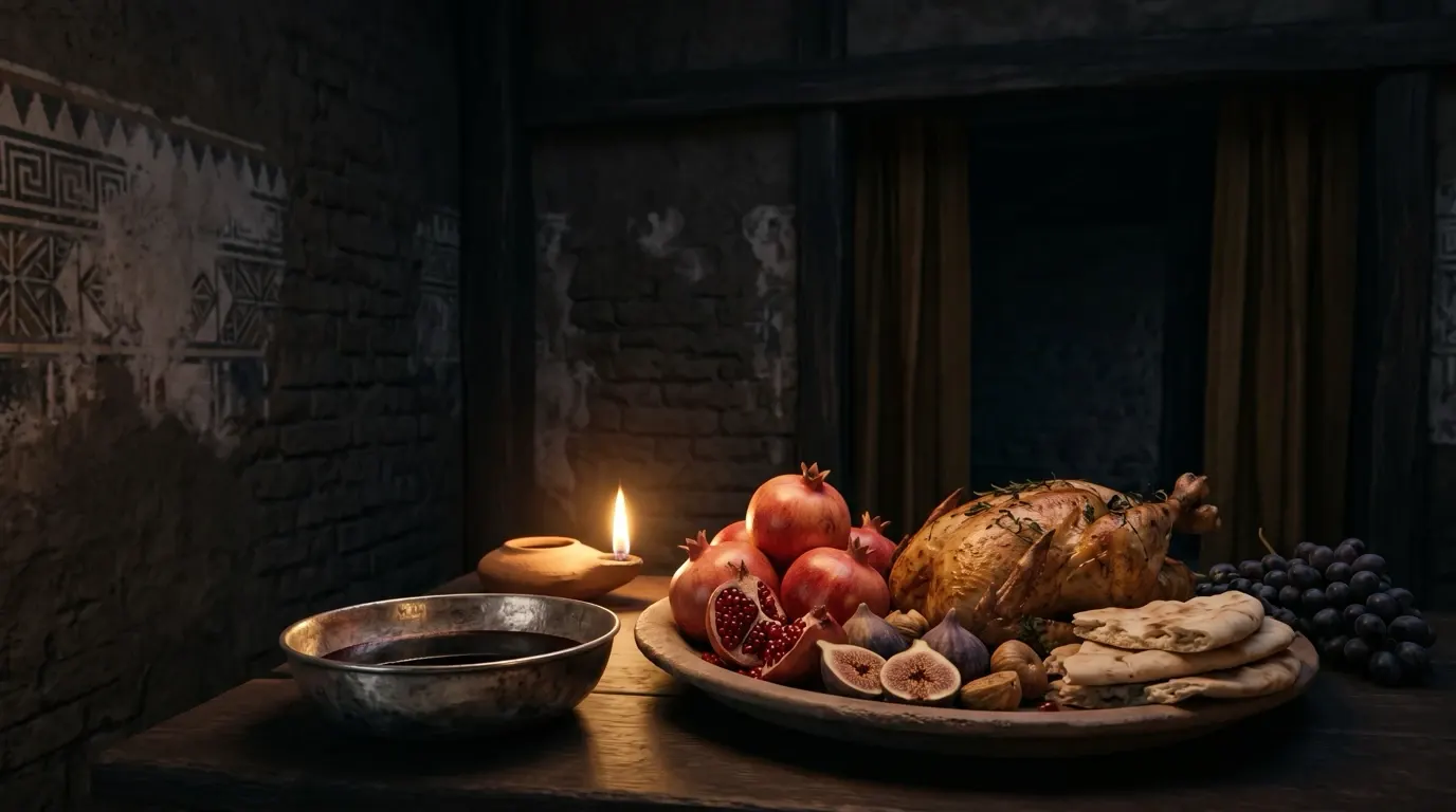 A shallow silver bowl of wine and a dish of rich food left untouched on a low table in a palace room.