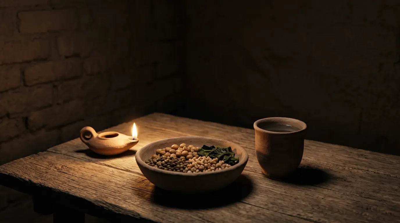 A plain bowl of pulses and greens beside a clay cup of water on a rough wooden table.
