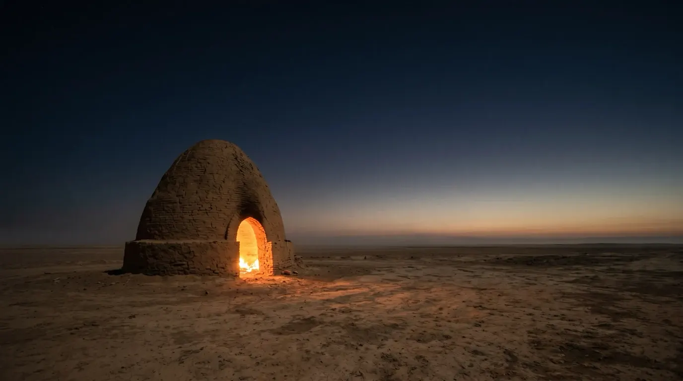 A great brick kiln on a flat plain, its open mouth glowing.