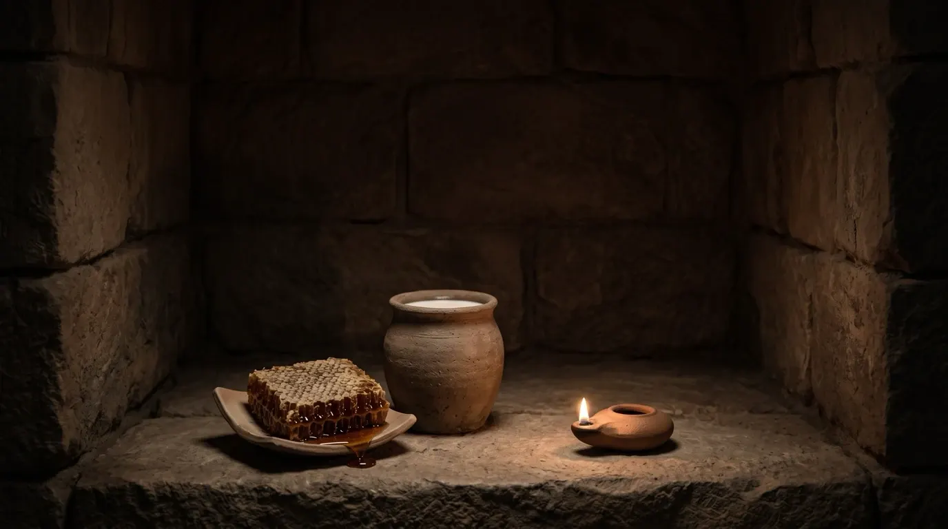 A piece of honeycomb and a clay jar of milk on a stone ledge.