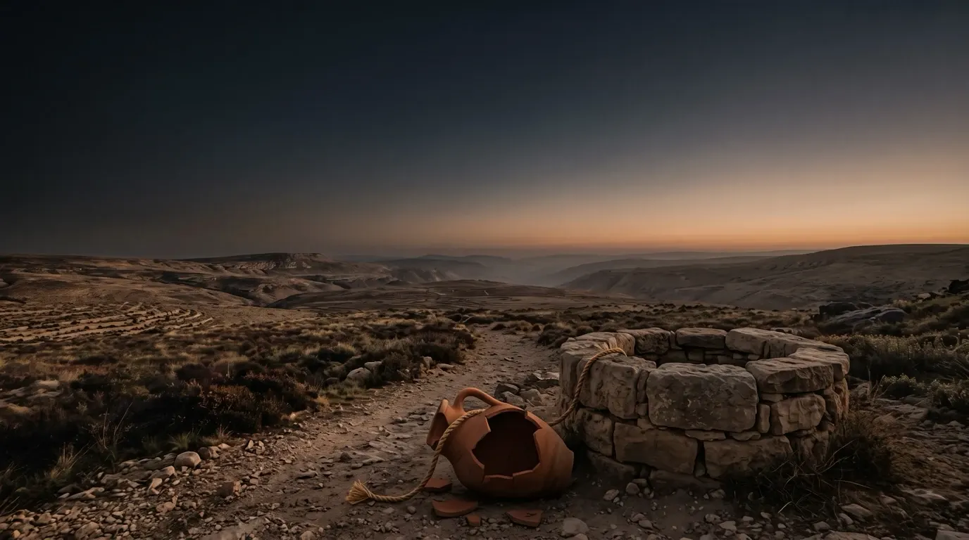 A broken clay pitcher lying beside a stone well.