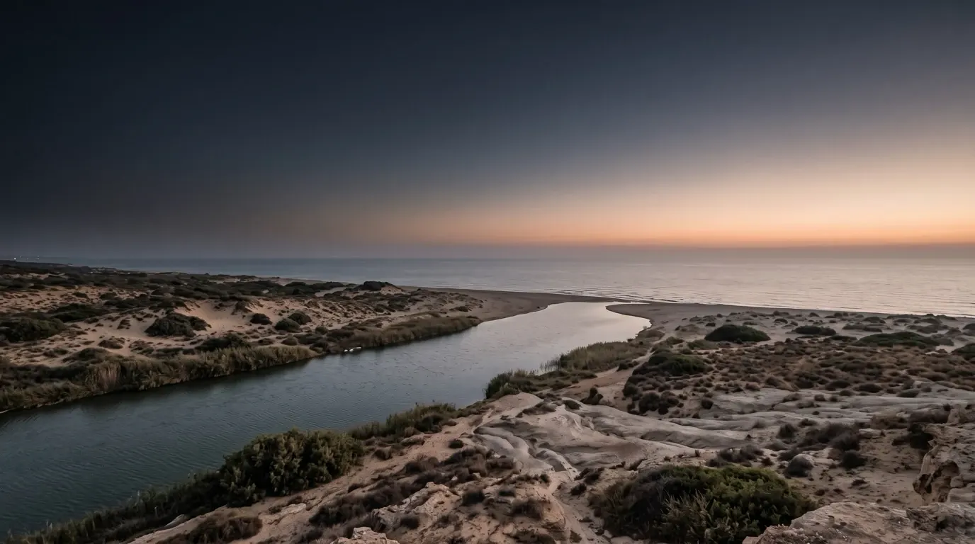 A river winding through sand and low dunes into a calm sea.