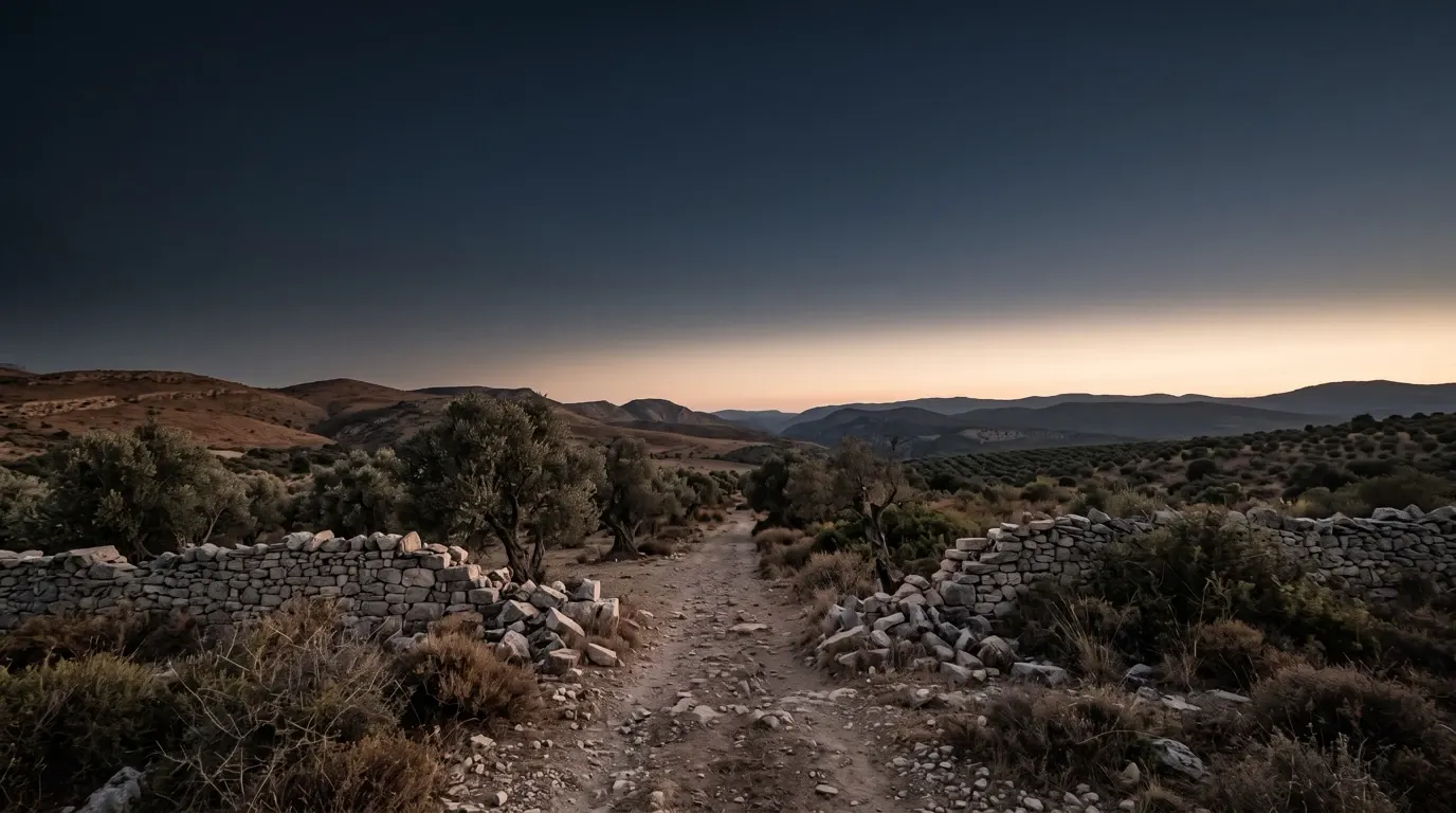 A dry-stone wall broken open among olive trees, a path passing through the gap.