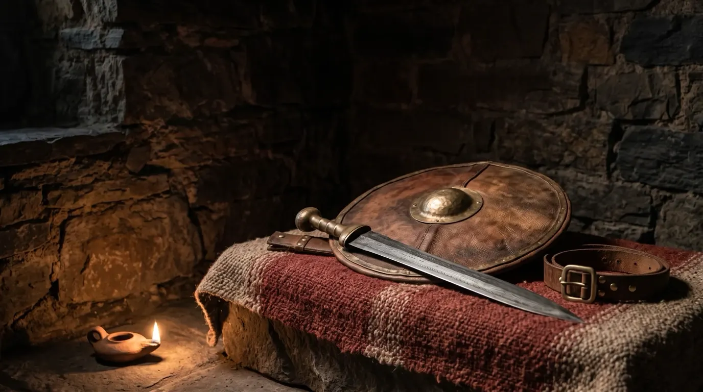 A leather belt, a round shield and a short sword laid on a woven cloth.