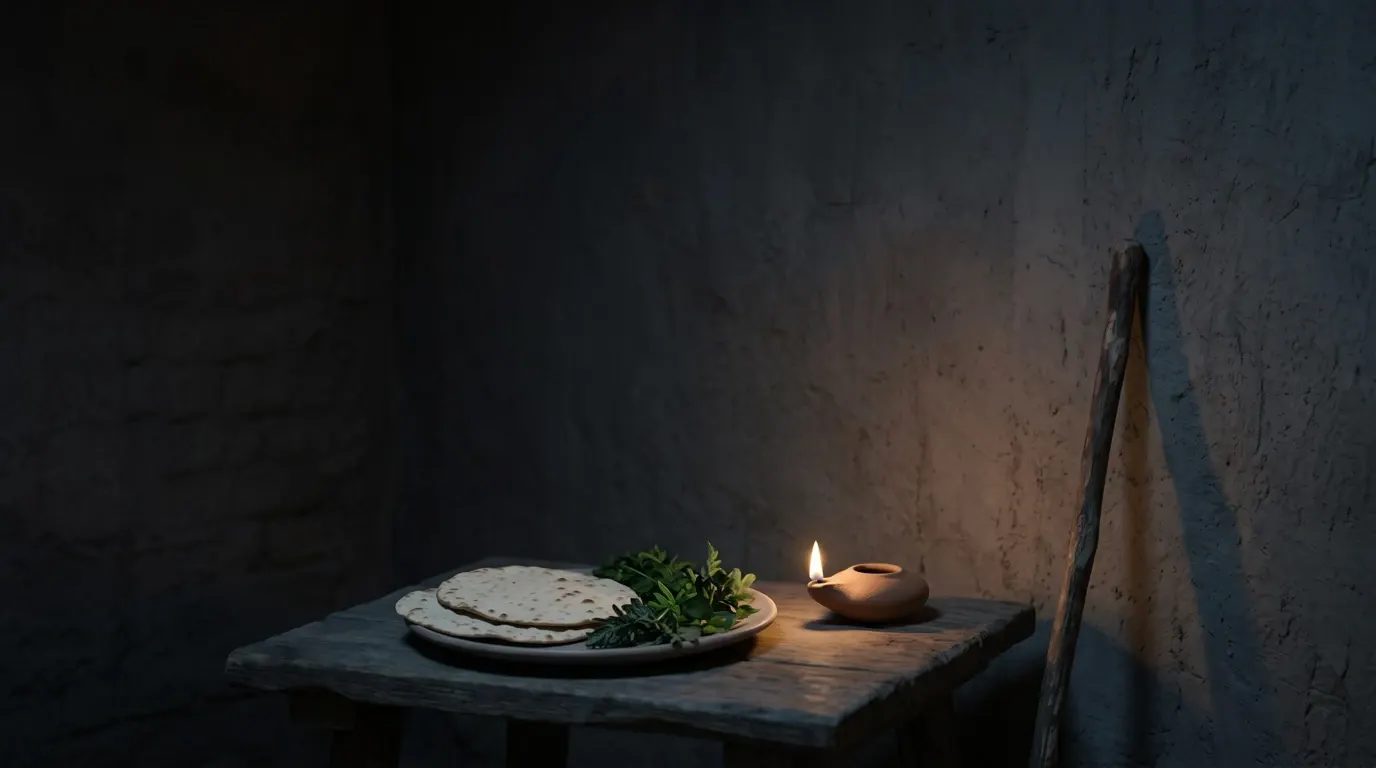 Du pain sans levain et des herbes amères sur une table basse, un bâton appuyé contre le mur.