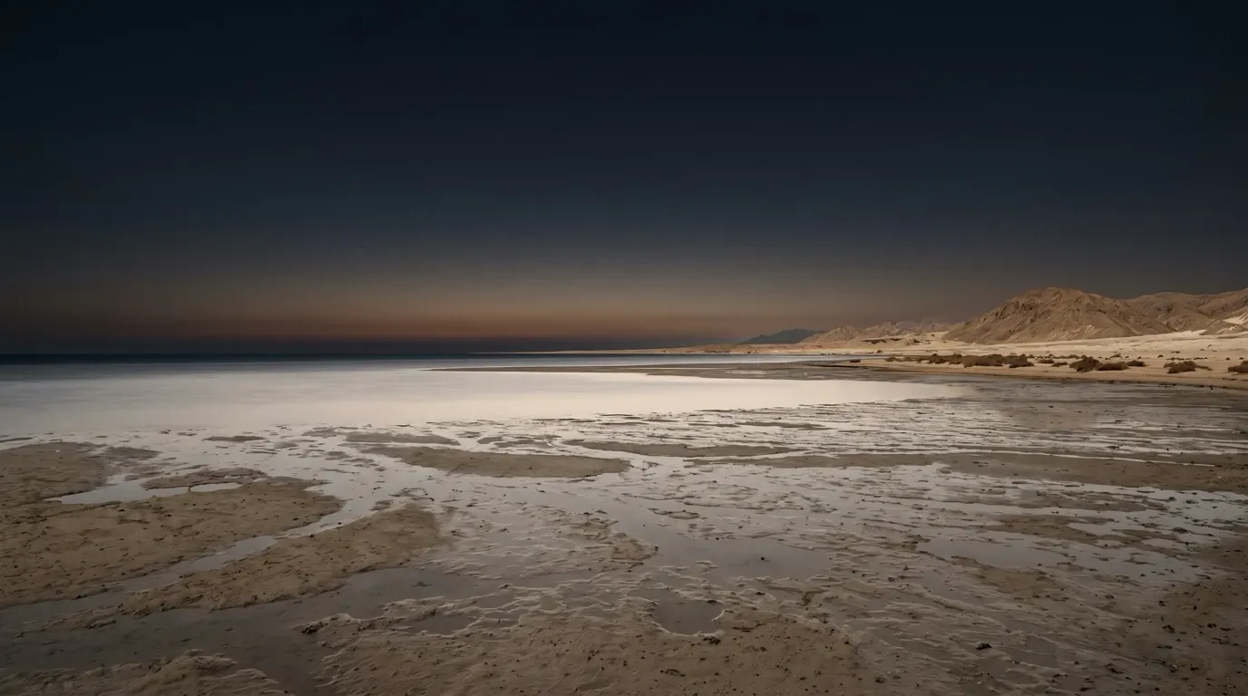The shore after the waters returned, the wet sand shining and the sea calm.