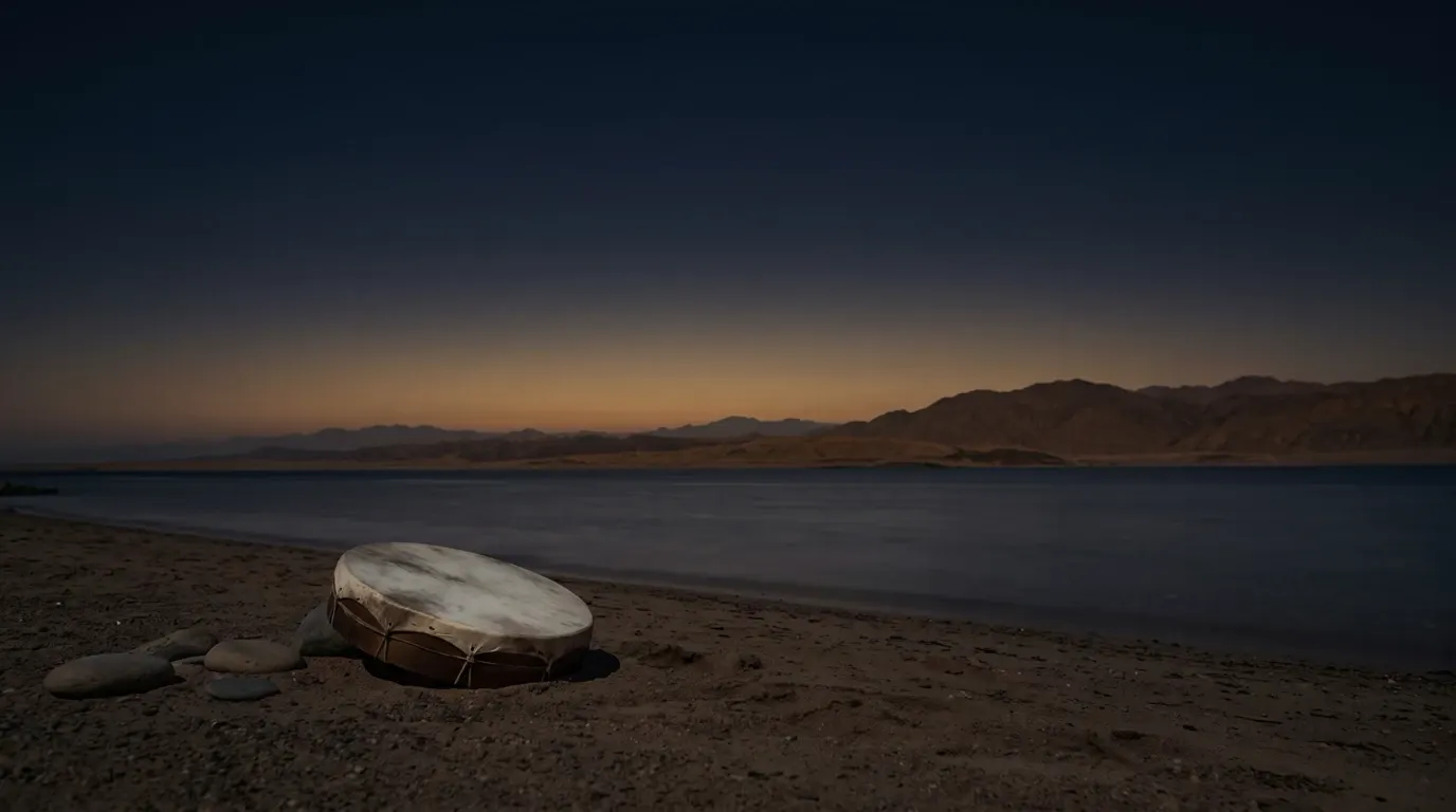 A hand drum lying on the sand of the shore, the sea calm beyond.