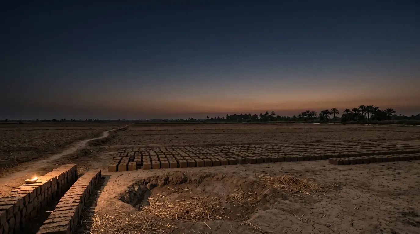 Des rangées de briques de terre crue sèchent sur la plaine du delta du Nil, une fosse d’argile et de la paille hachée au premier plan, des palmiers au loin le long d’un canal.