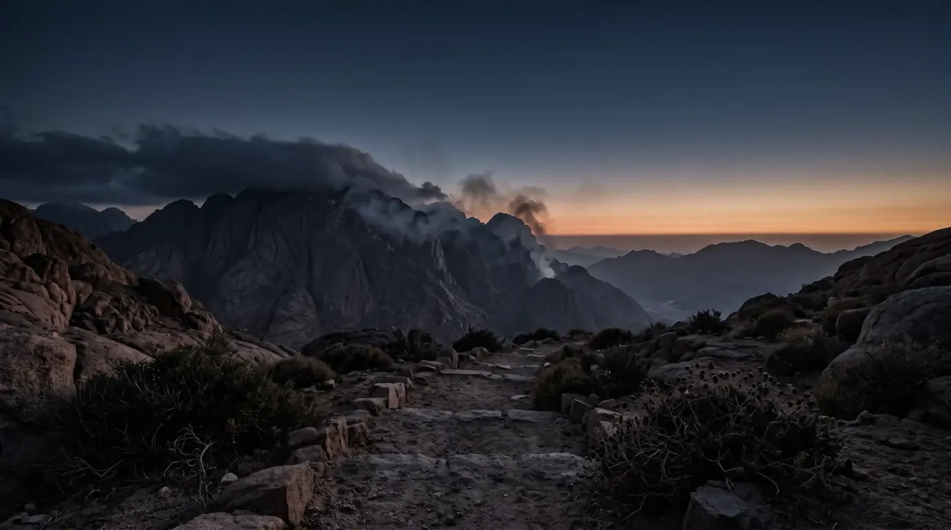 Une grande montagne de granit enveloppée de nuée sombre et de fumée.