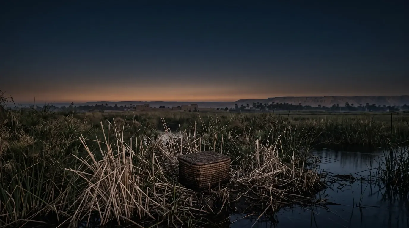 A small basket of woven papyrus set among the reeds at the edge of a river.