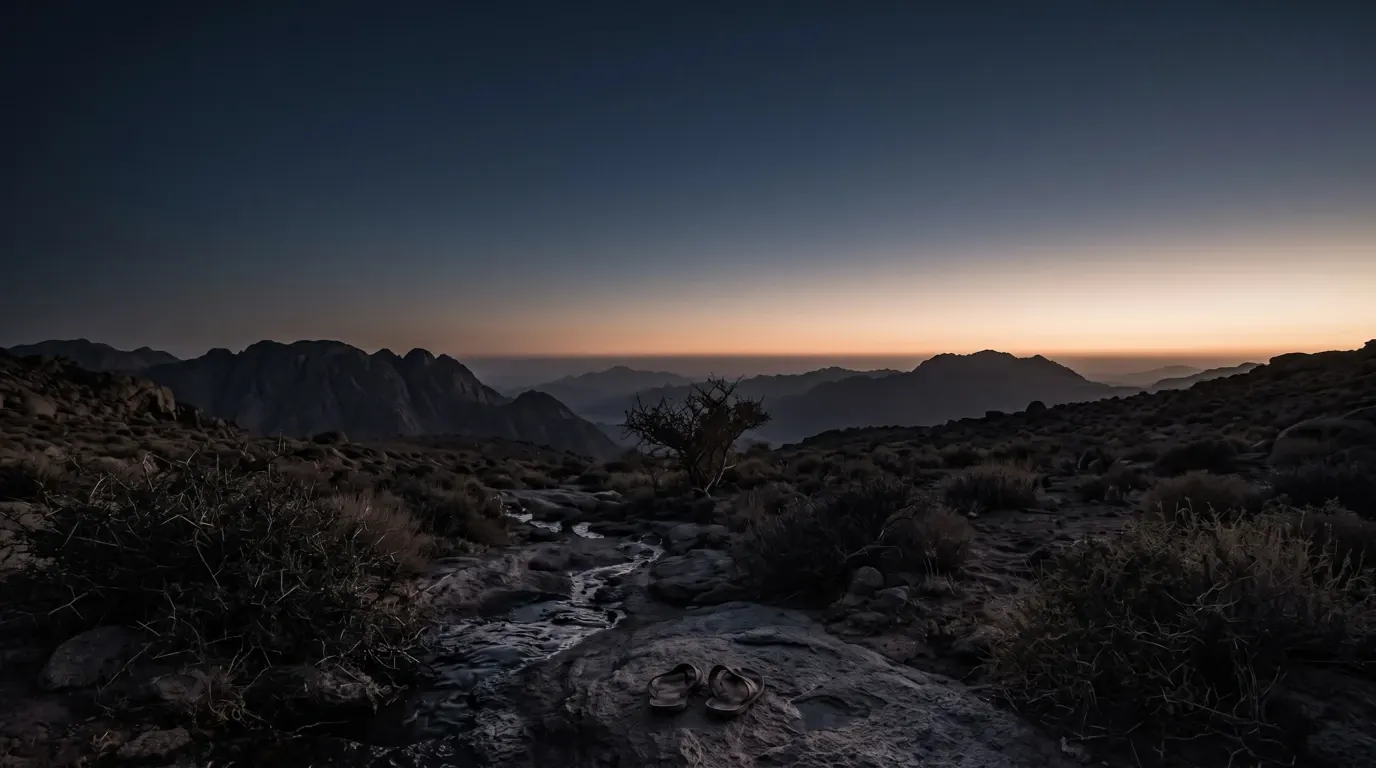 A pair of worn sandals left on bare rock at the foot of the mountains, a thorn bush beyond.