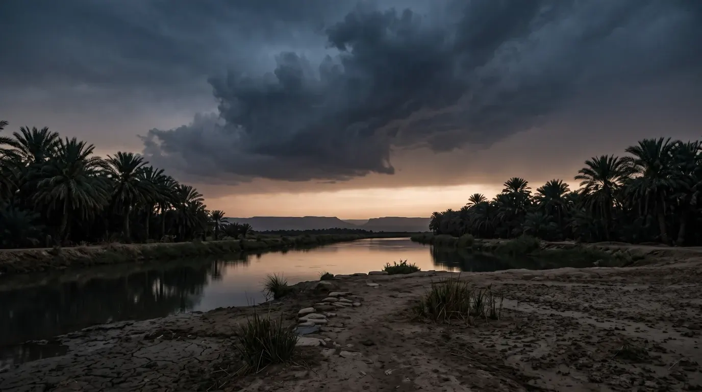 A wide slow canal between date palms on a flat plain, a great storm cloud building in the north.