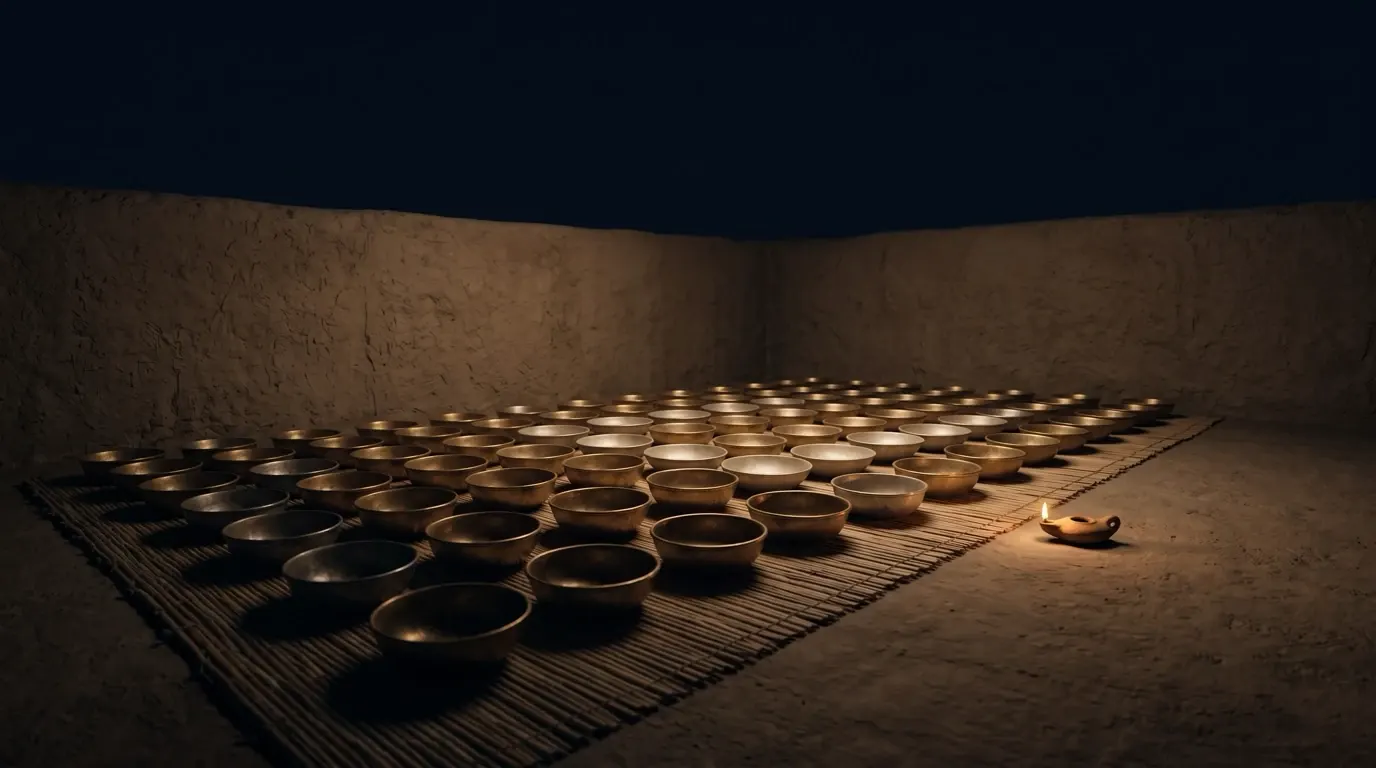 Gold and silver bowls laid out in counted rows on a woven reed mat in a store room of mud brick.