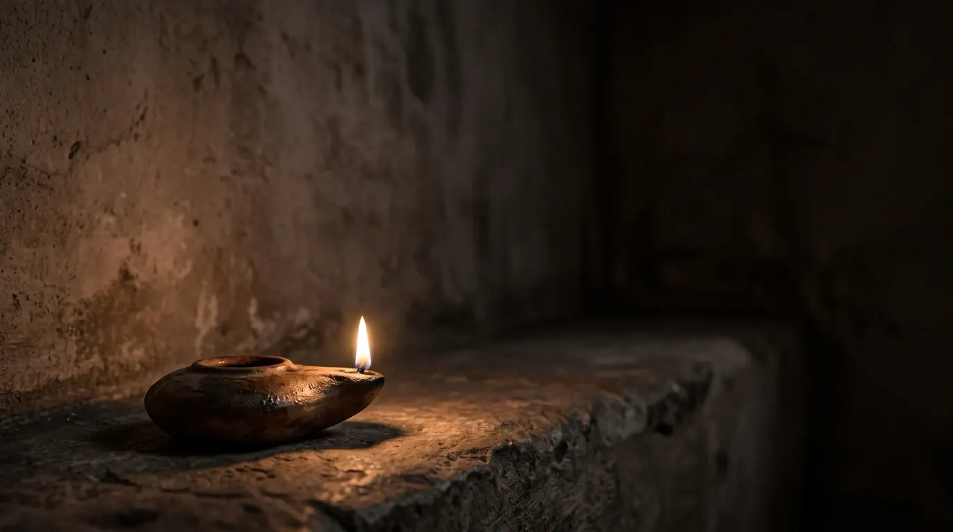 A single clay oil lamp burning with a steady flame on a stone ledge in a still room.