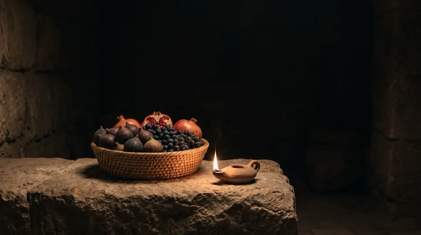 A basket of ripe figs, grapes and pomegranates on a stone ledge.