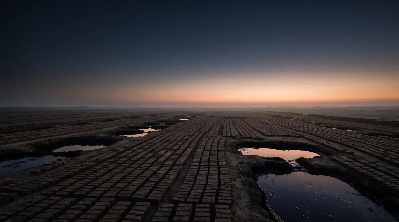Sun-dried bricks in long rows and dark pits of tar on a wide plain, the heat shimmering.