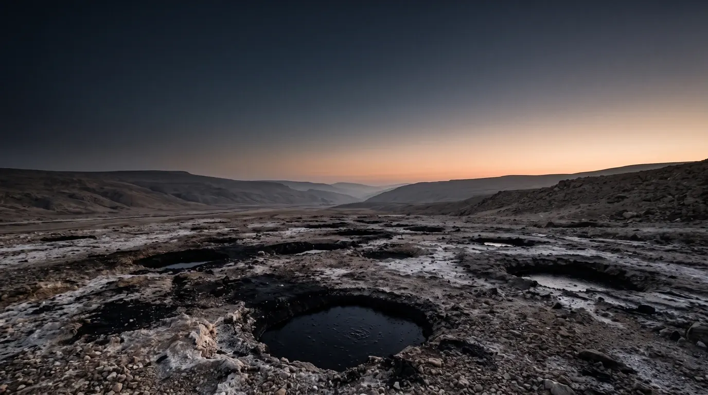 Dark tar pits scattered across a broken valley floor under a hard sky.