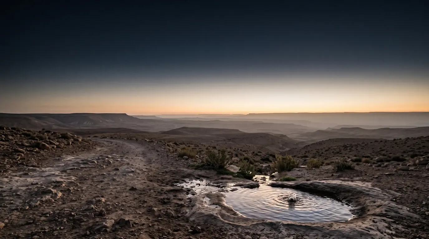 A small spring of water beside a wilderness track, the way to Shur shimmering beyond.