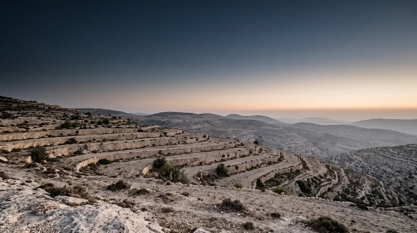 The hill country of Canaan stretching away into haze, terraced and very old.