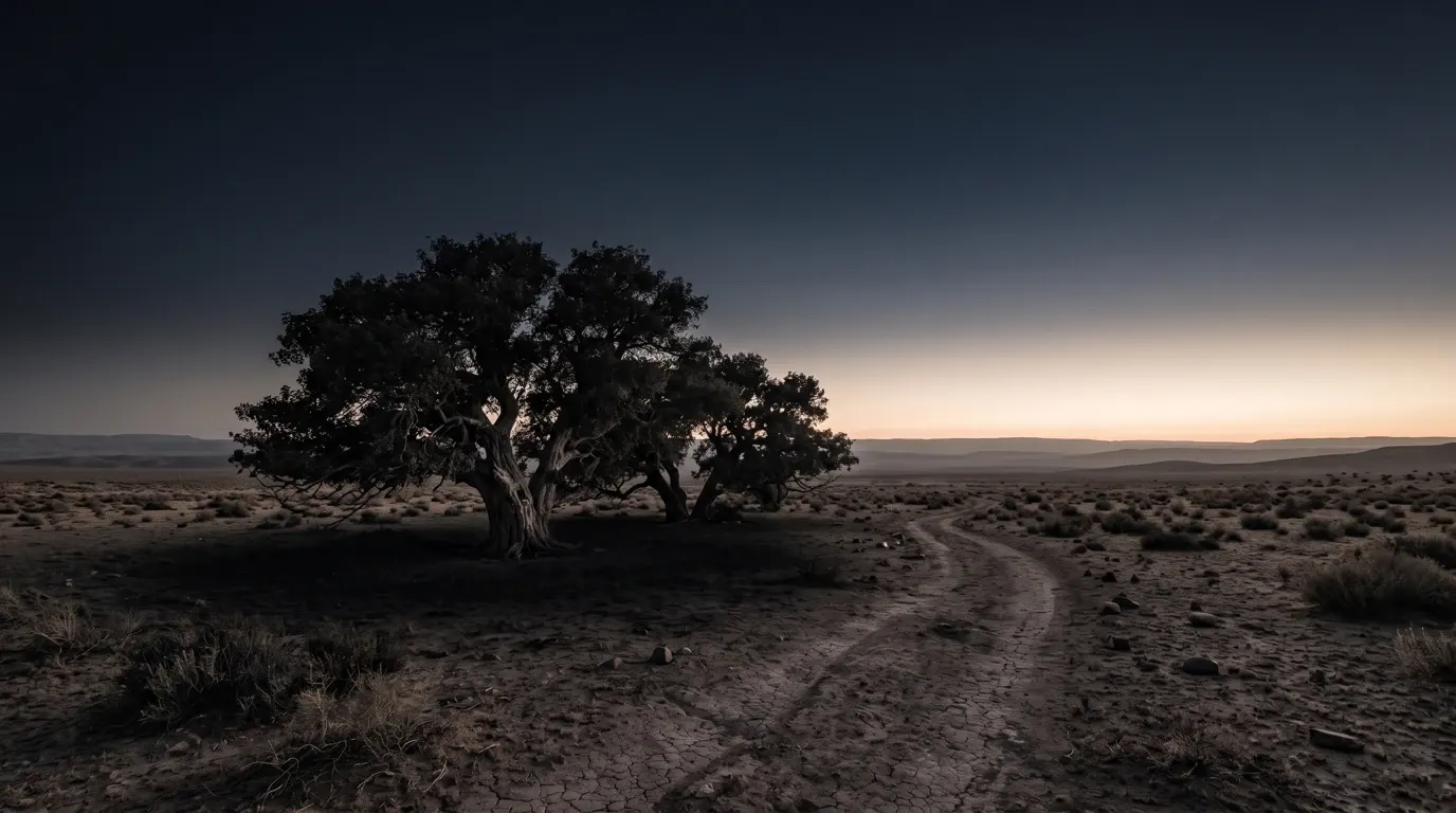 Great terebinth trees at Mamre in the white heat of noon, deep shade beneath them.
