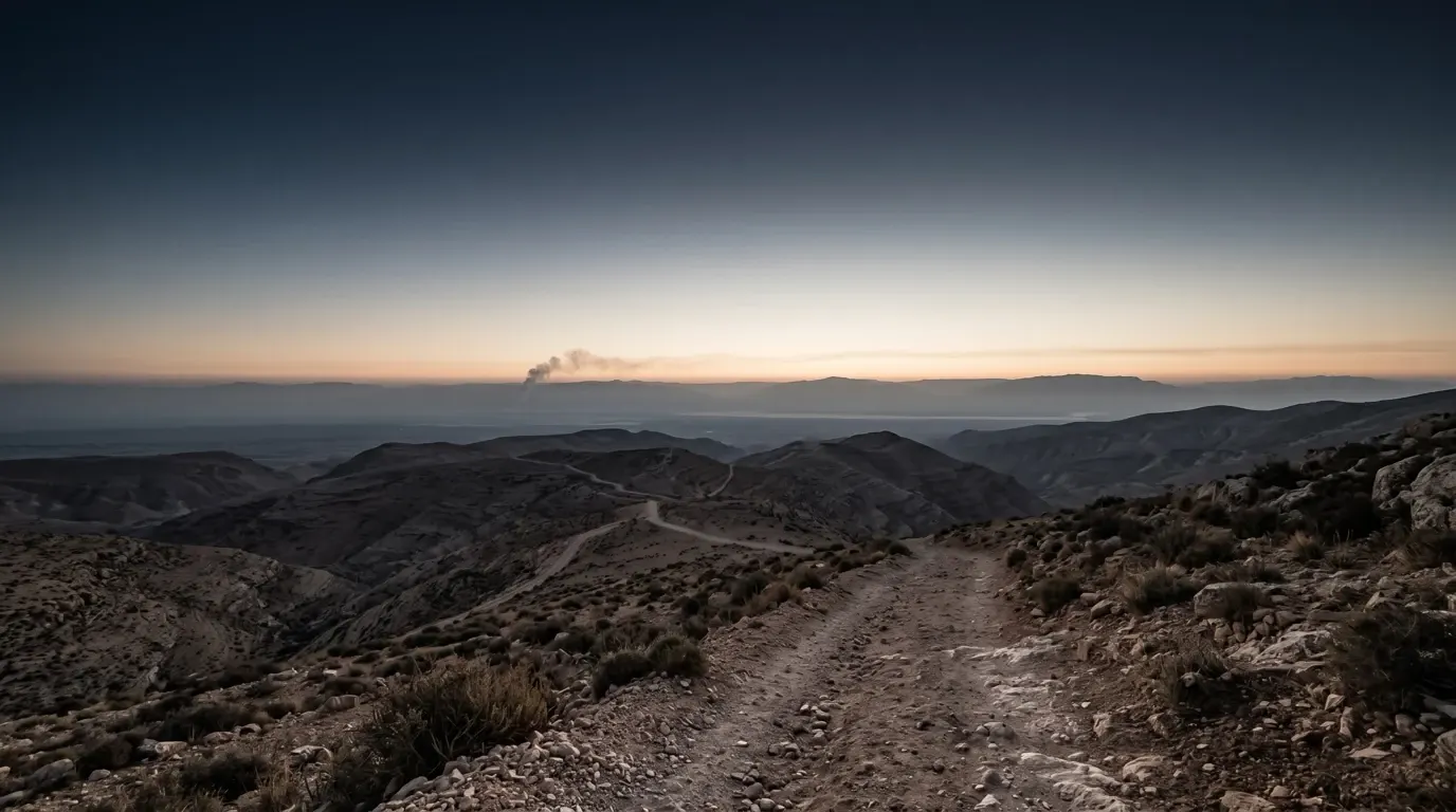 Thin smoke rising far off over a wide plain, seen from the high country before dawn.