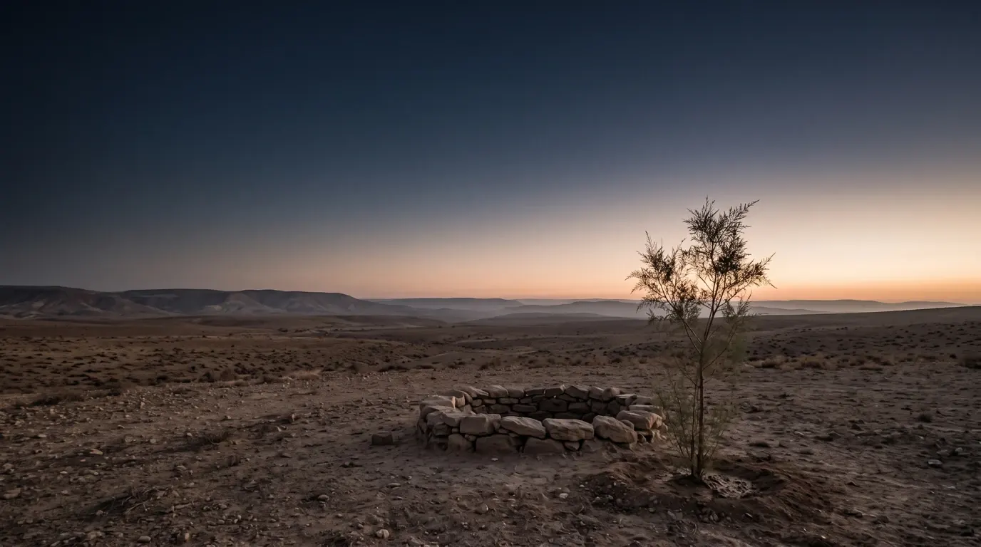 A young tamarisk planted beside a stone well at Beersheba, in the morning.
