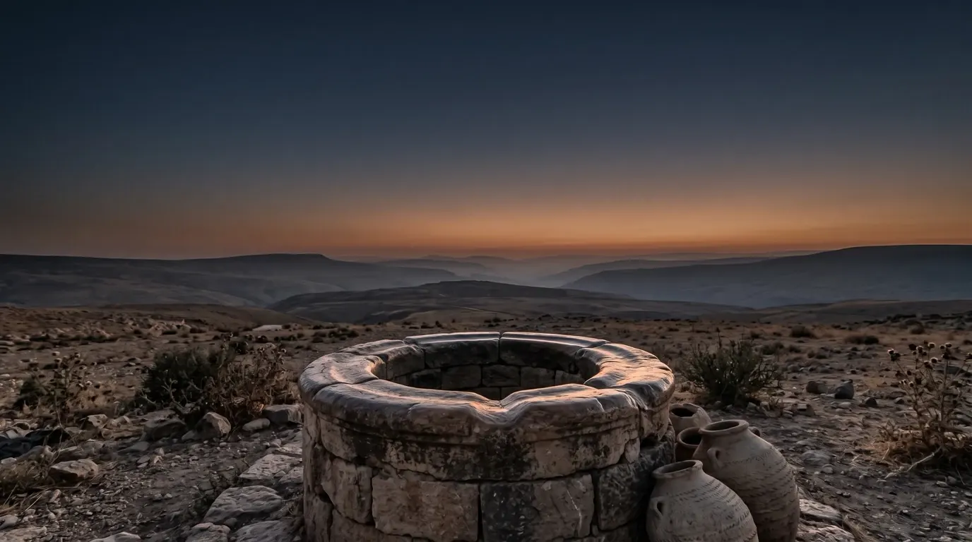 An old stone well in open country, its worn rim beside clay water jars.