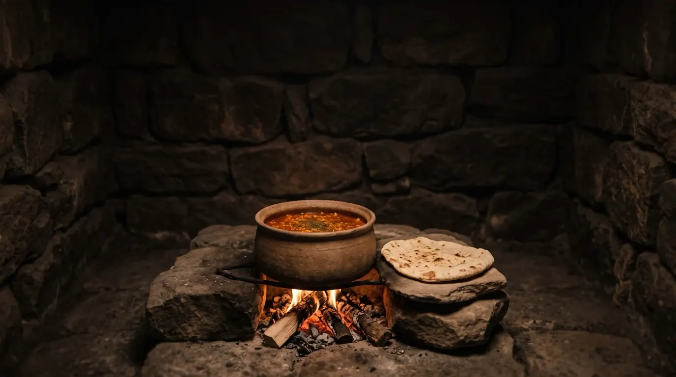 A clay pot of red lentil stew over a low fire in a stone hearth, flat bread beside it.