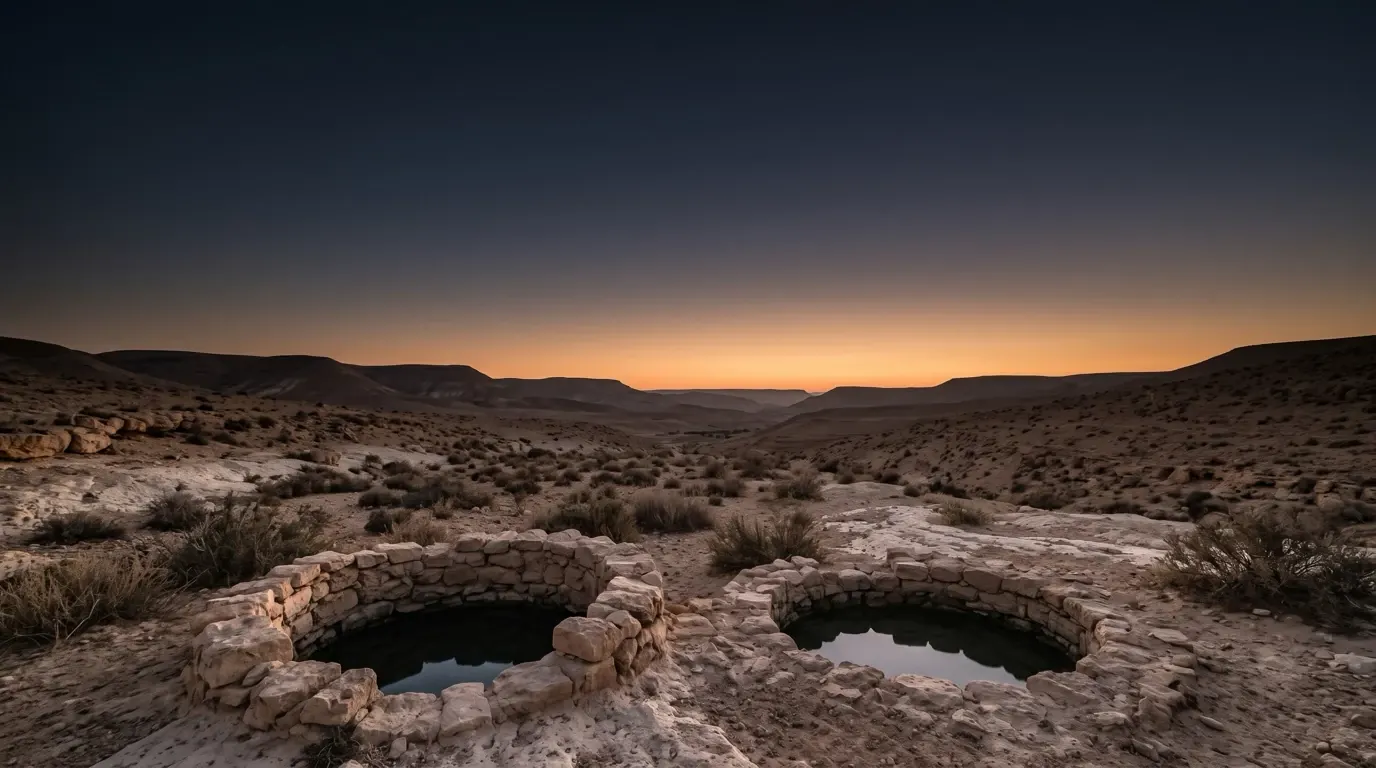 Two old stone-rimmed wells holding fresh water in a dry valley.
