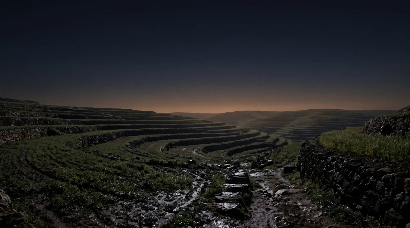 Green terraced fields after rain, dark wet earth and a runnel of water between them.