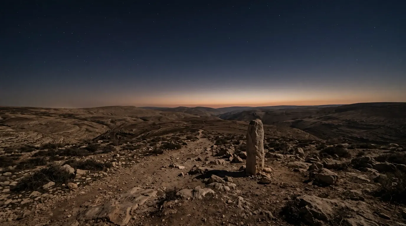 One tall stone set upright on a bare stony hillside under a wide sky.