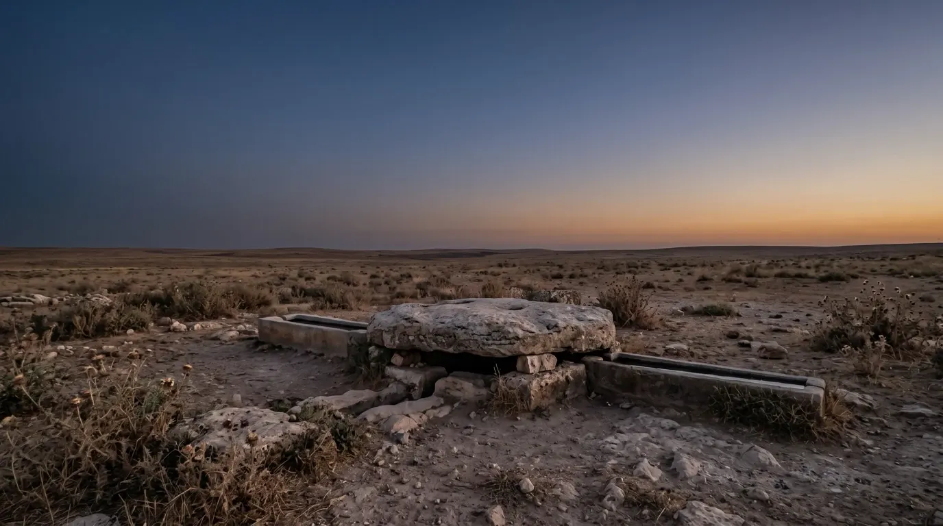 A great flat stone lying over a well’s mouth in open country, stone troughs beside it.