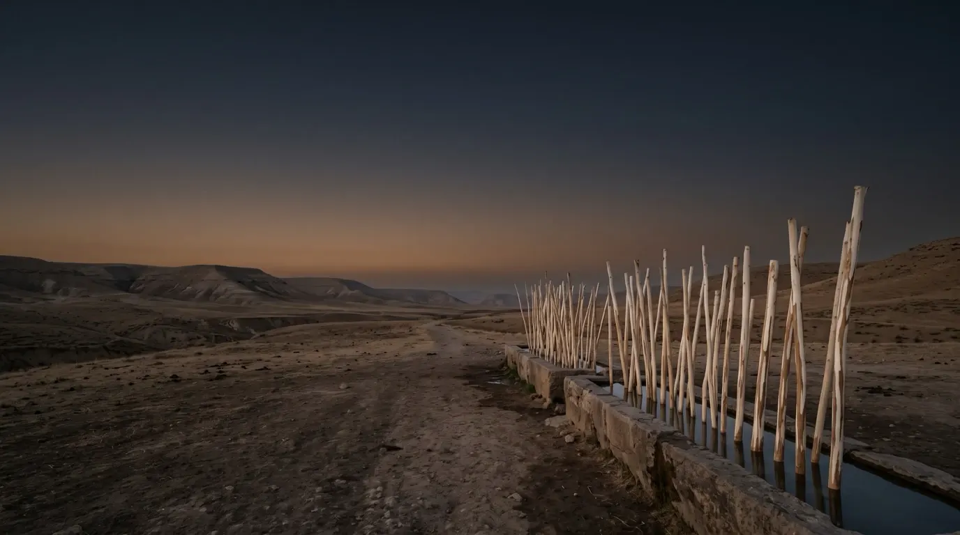 Peeled white rods standing in stone watering troughs on open pasture land.
