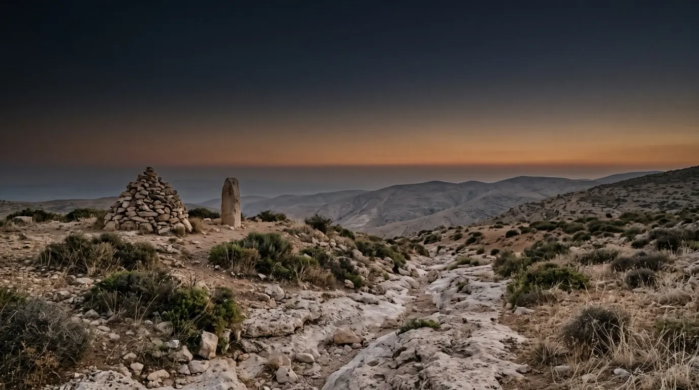 A heap of gathered stones and one standing stone on a high place among the hills.