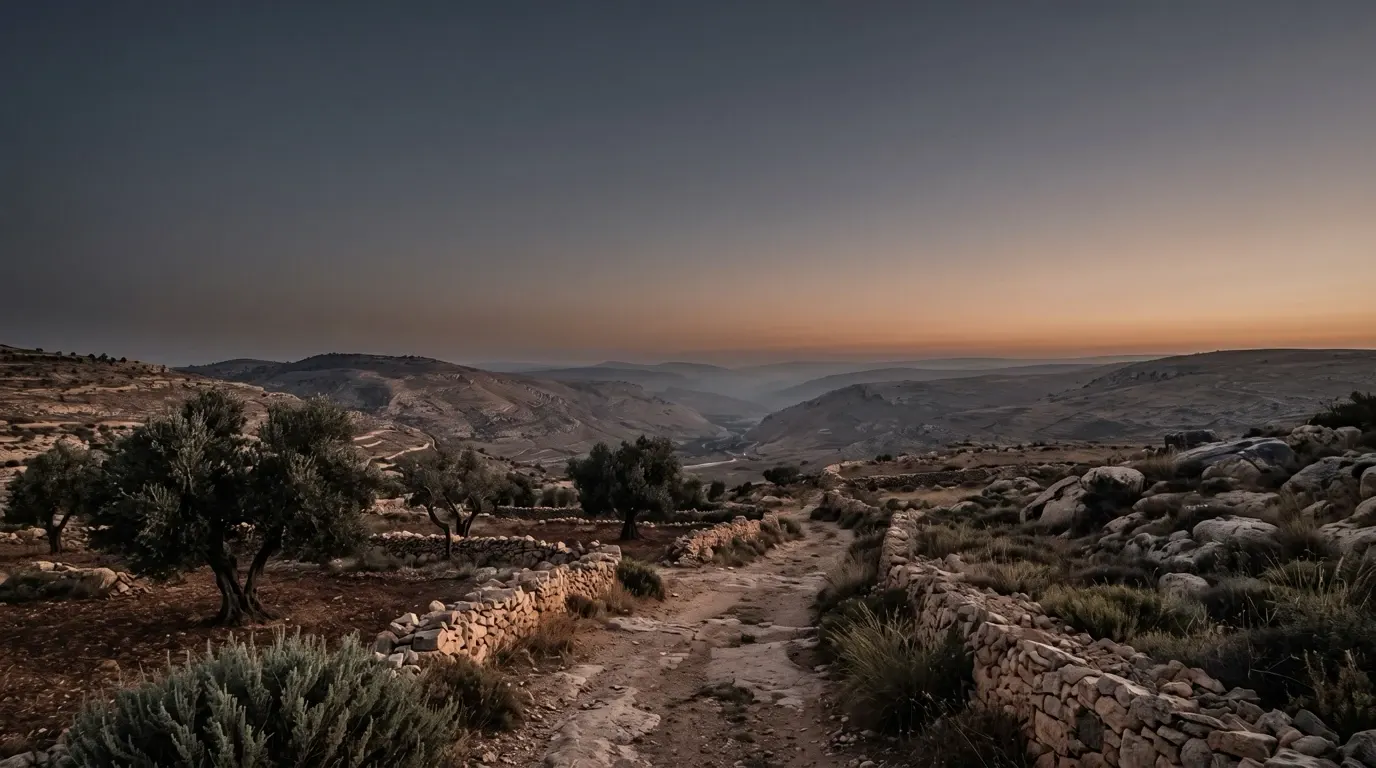 Quiet fields and olive trees in a broad valley, stone walls along a track.