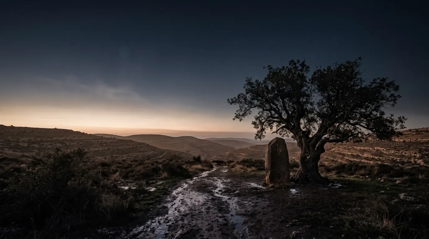 An old oak with a standing stone beneath it, the ground dark with rain just past.
