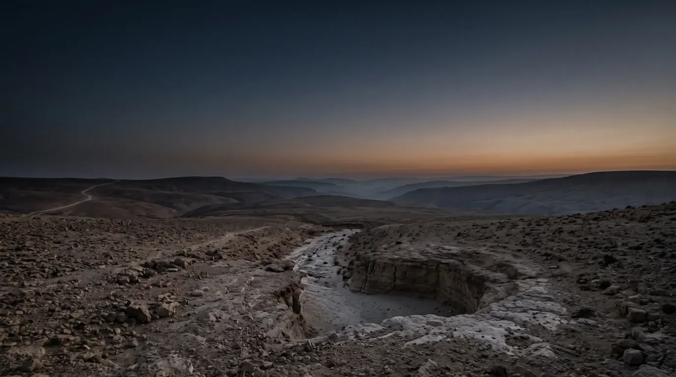 An empty pit cut into the rock of a wilderness plateau, dry at the bottom.