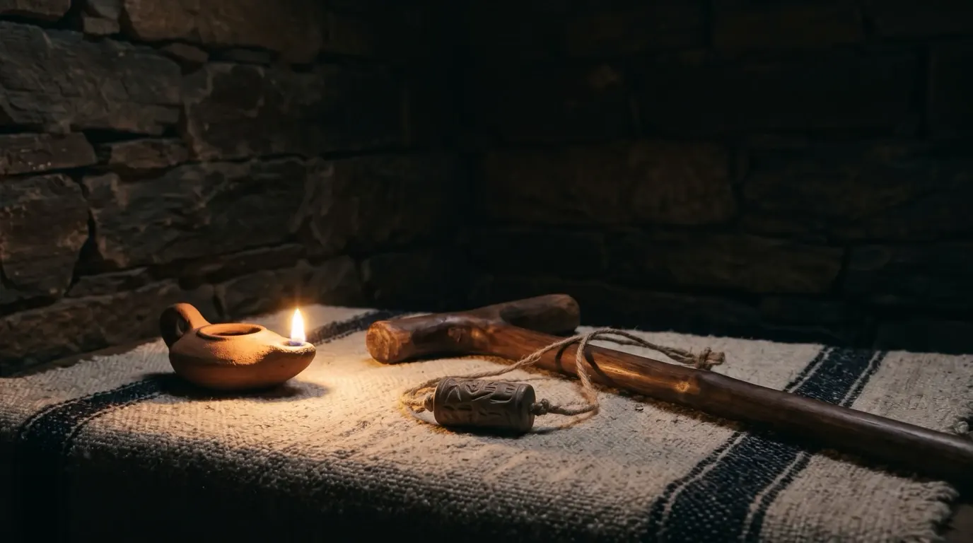 A seal on a cord and a wooden staff on a striped woven cloth beside a clay lamp.